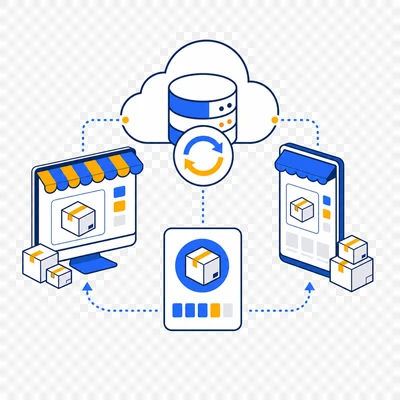 a computer with boxes and a cloud