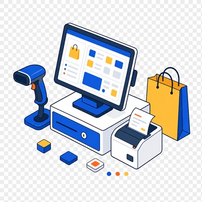 a computer with a barcode scanner and a bag